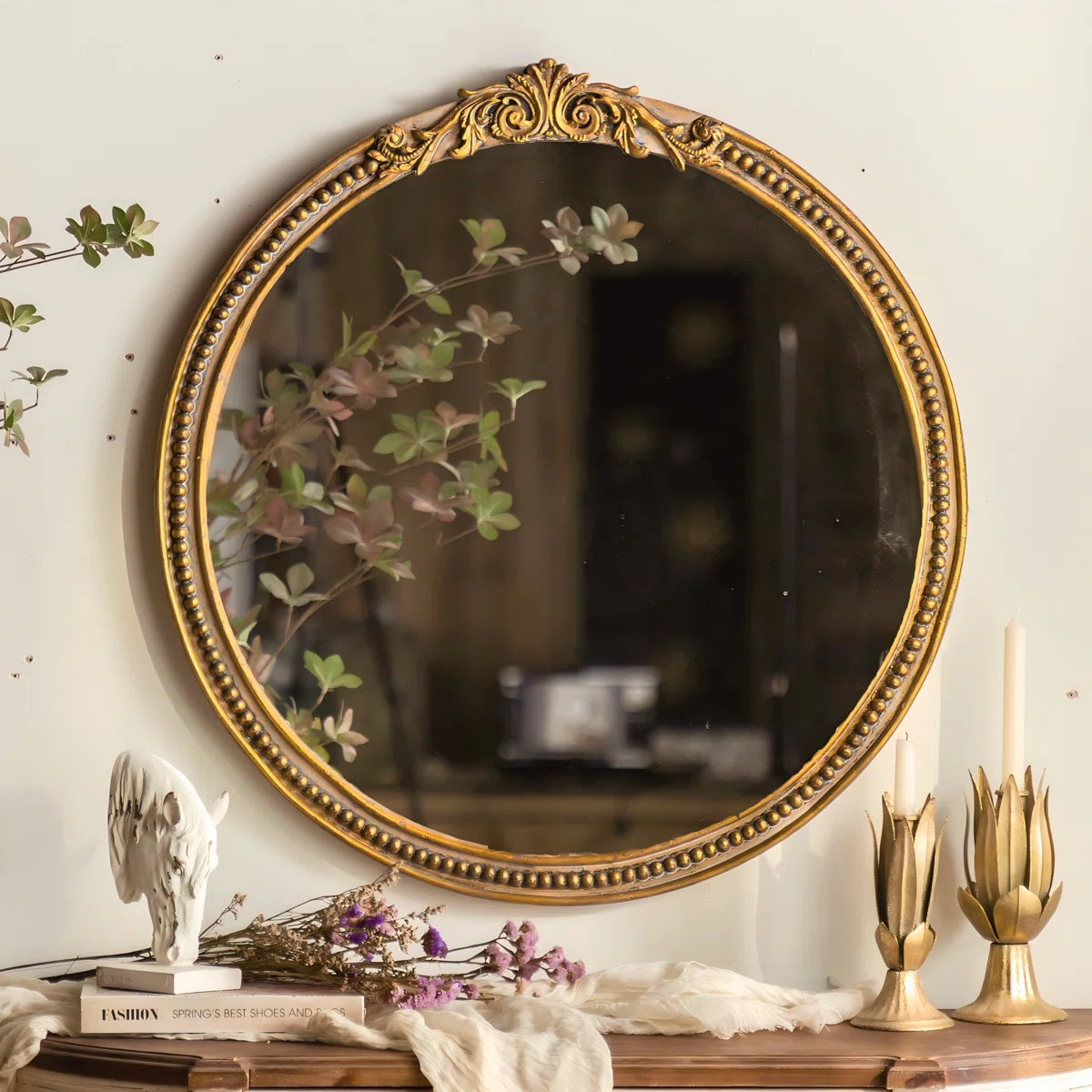 Snell Gold Round Ornate Vintage Mirror