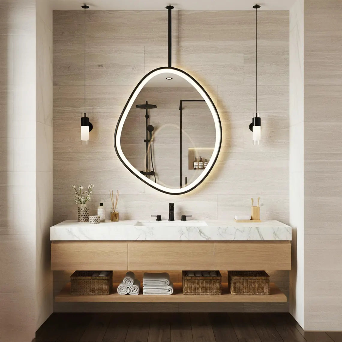 Asymmetrical Design LED Illuminated Metal Bathroom Mirror Ceiling Mounted Mirror (3 Lights Integrated)