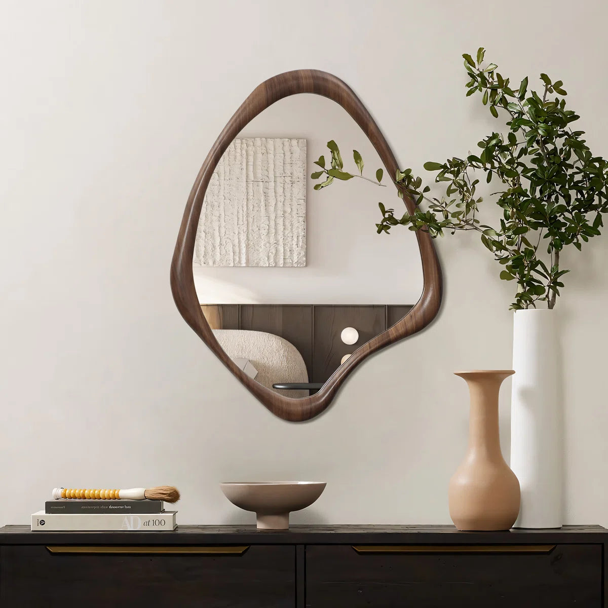 Brown Wood Frame Irregular Decorative Wall Mirror
