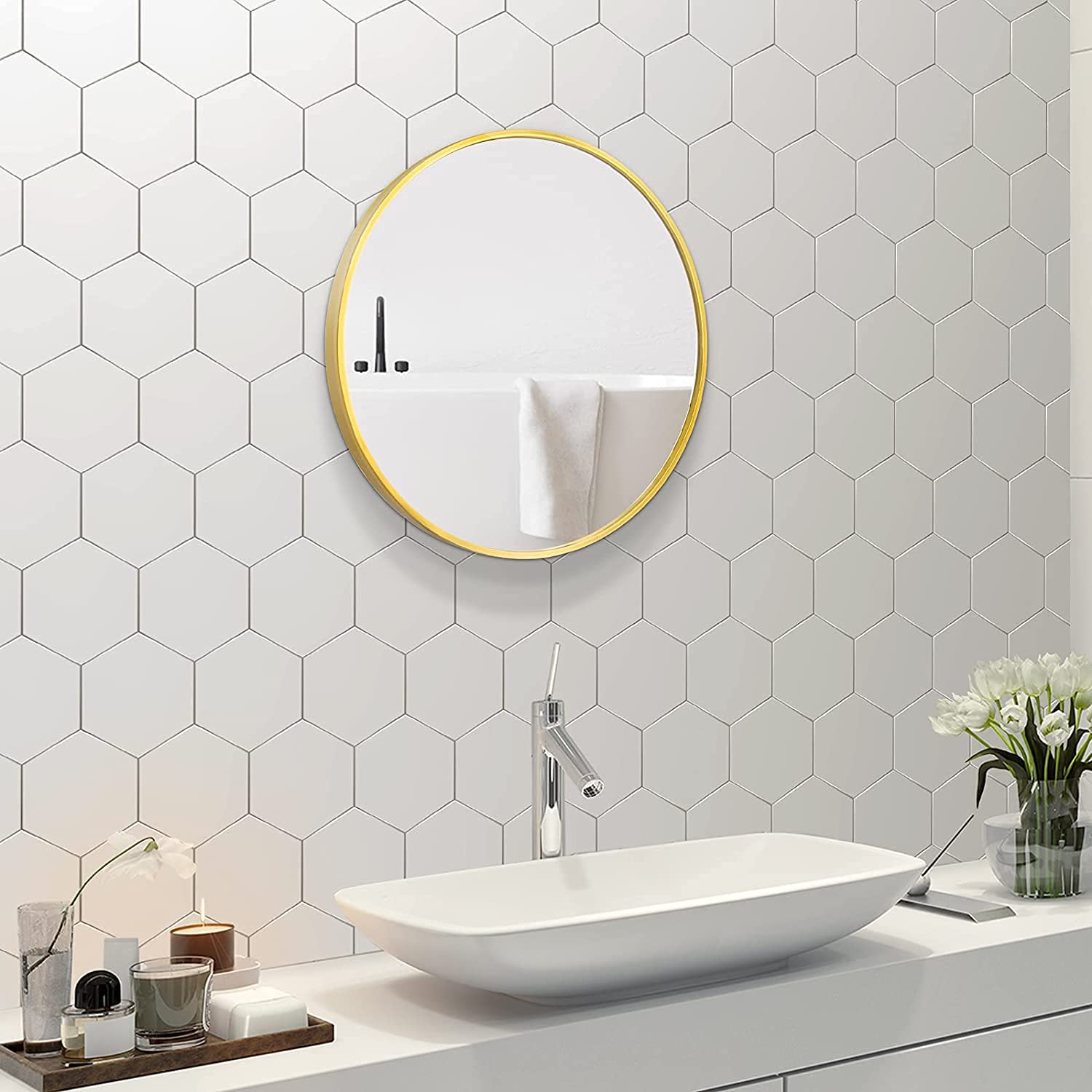 Gold Wood Frame Round Wall Mirror