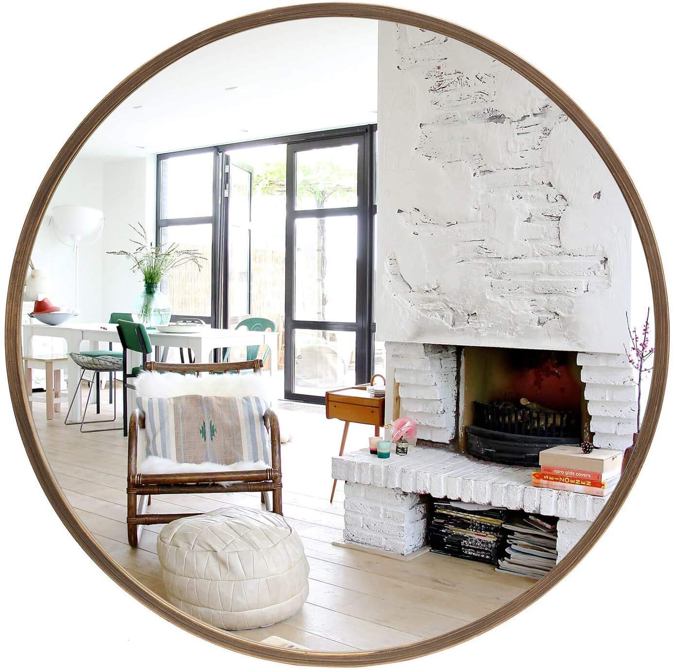 Light Brown Wood Frame Round Wall Mirror