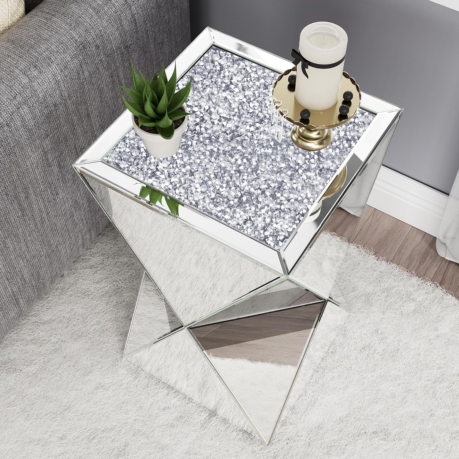 Mirrored Diamond Setting End Table Glass Decorative Side Table for Living Room