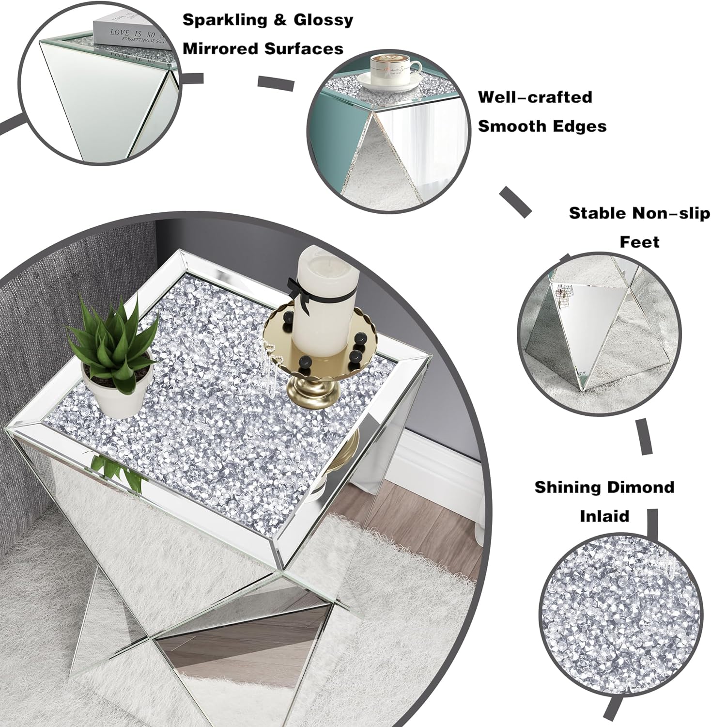 Mirrored Diamond Setting End Table Glass Decorative Side Table for Living Room