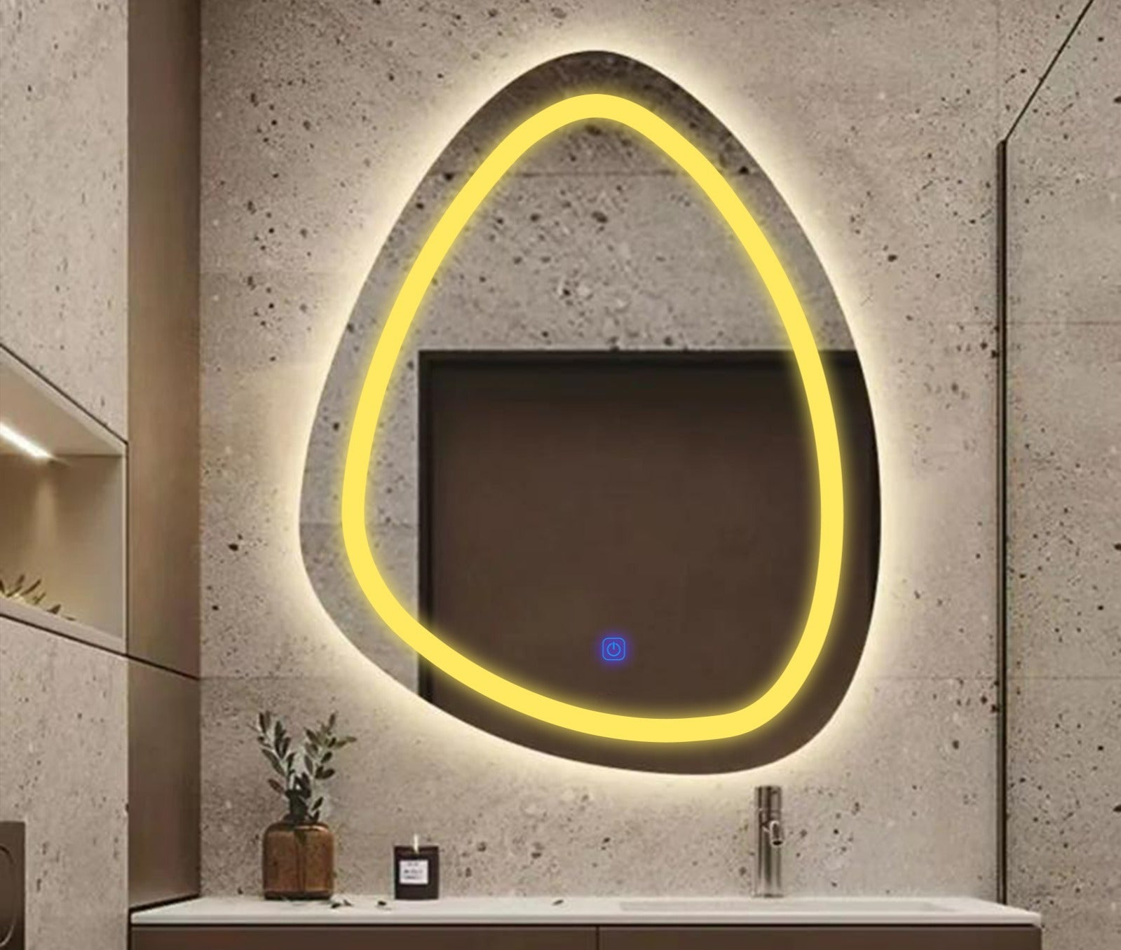 Front Lit Asymmetrical Class Led Mirror With Touch Sensor & Dimmable (3 Lights Integrated)