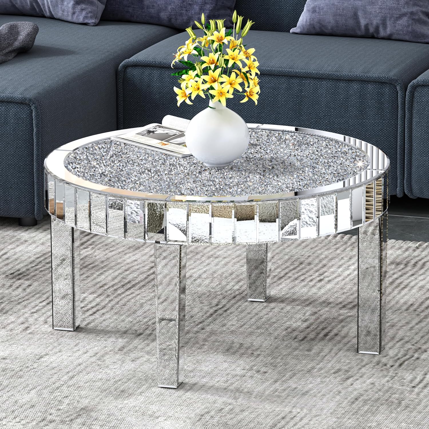 Round Mirrored Coffee Table with Crystal Crush (Exclusive on Accent Mirror)