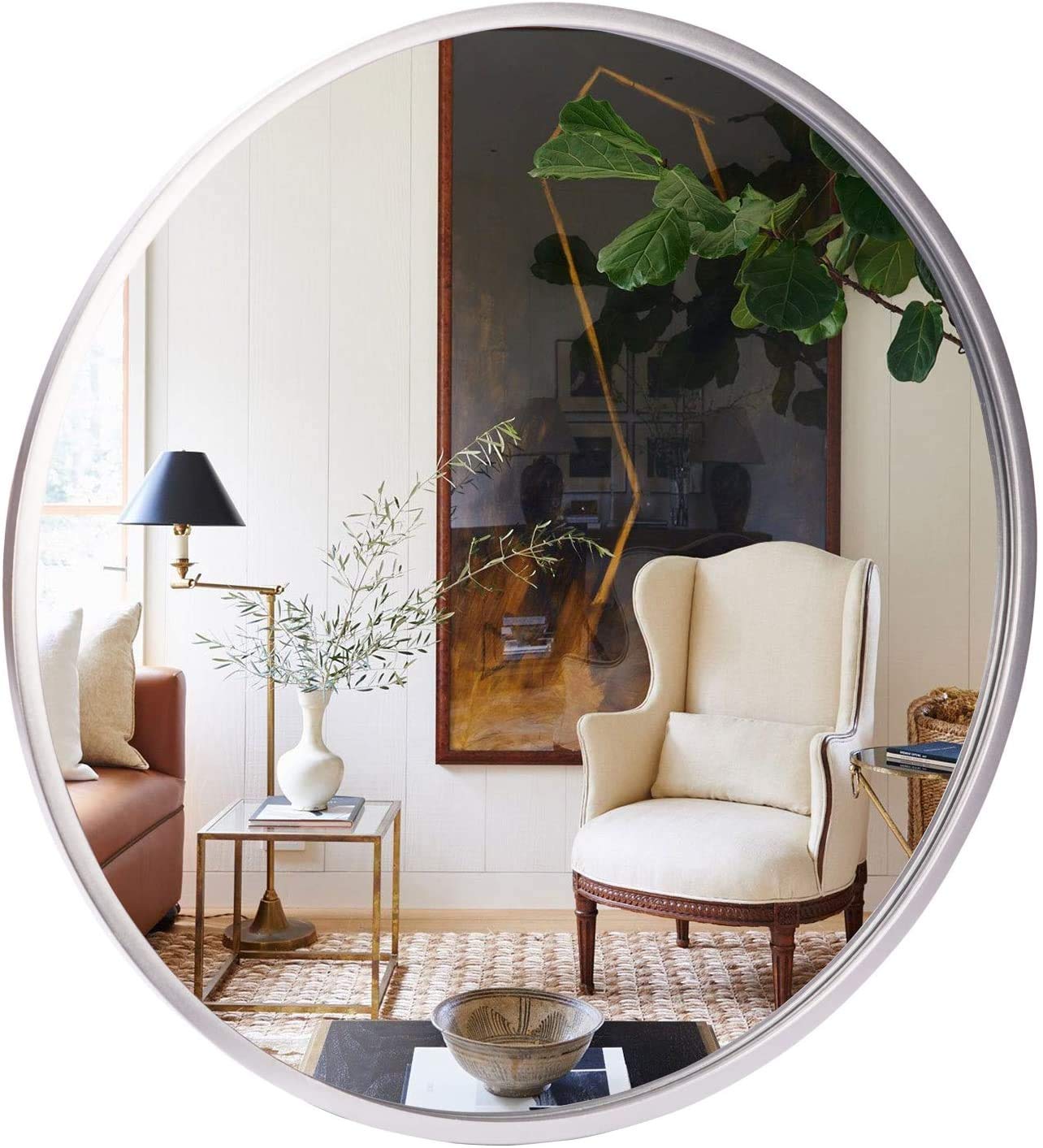 Silver Wood Frame Round Wall Mirror