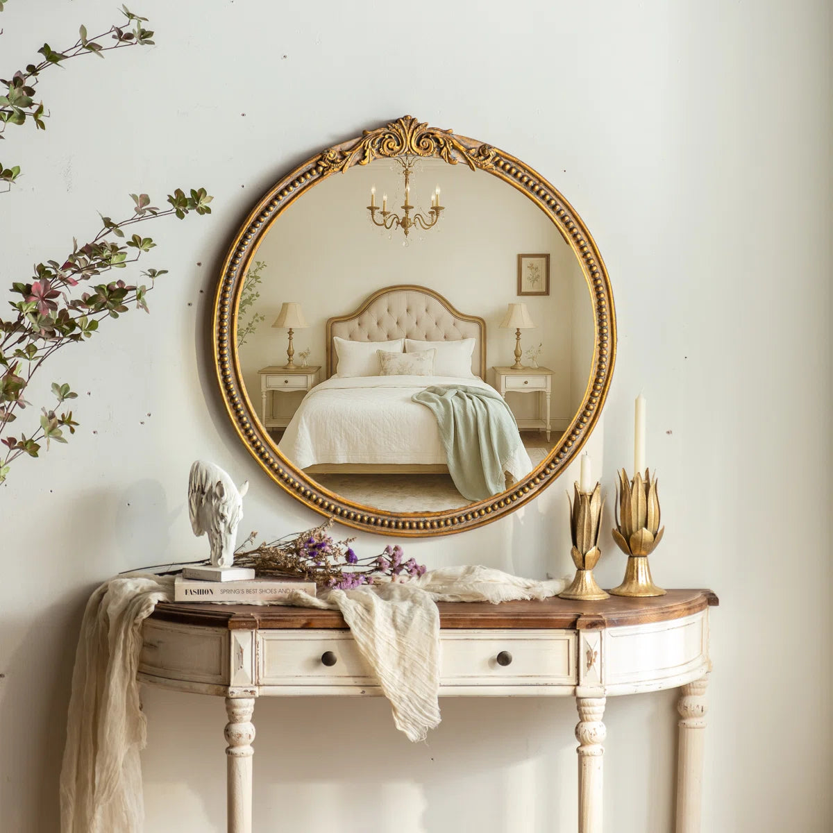 Snell Gold Round Ornate Vintage Mirror