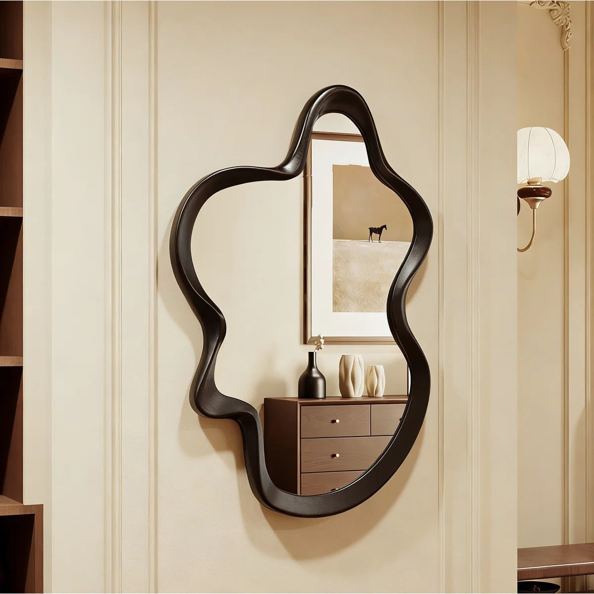 Wooden Framed Wall Asymmetrical Wavy Wall Mirror