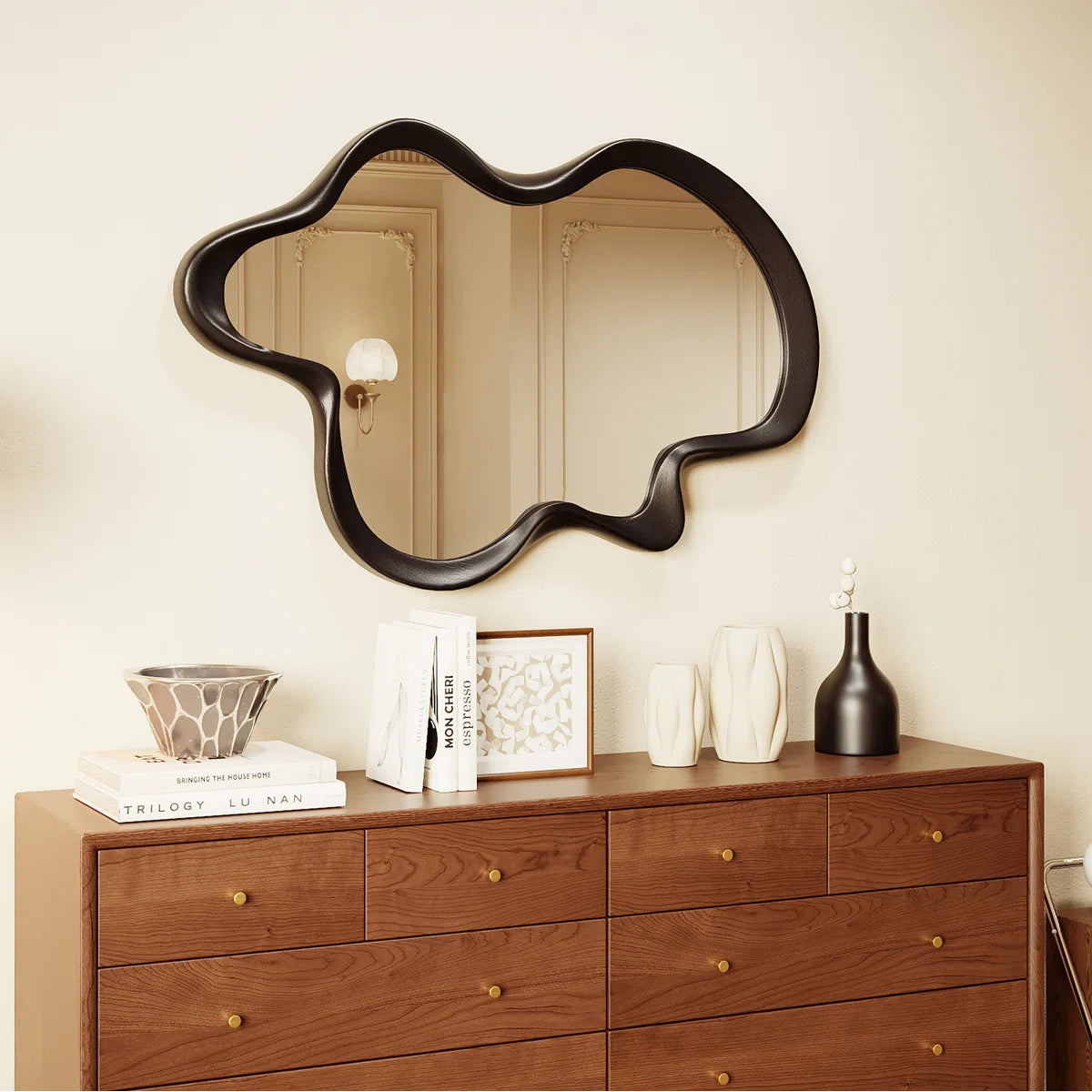 Wooden Framed Wall Asymmetrical Wavy Wall Mirror