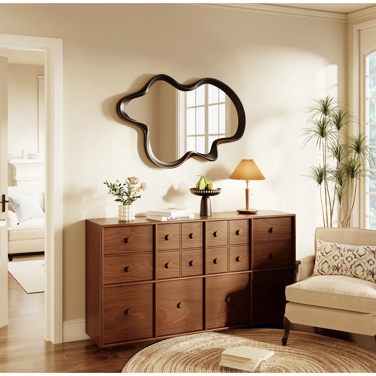 Wooden Framed Wall Asymmetrical Wavy Wall Mirror
