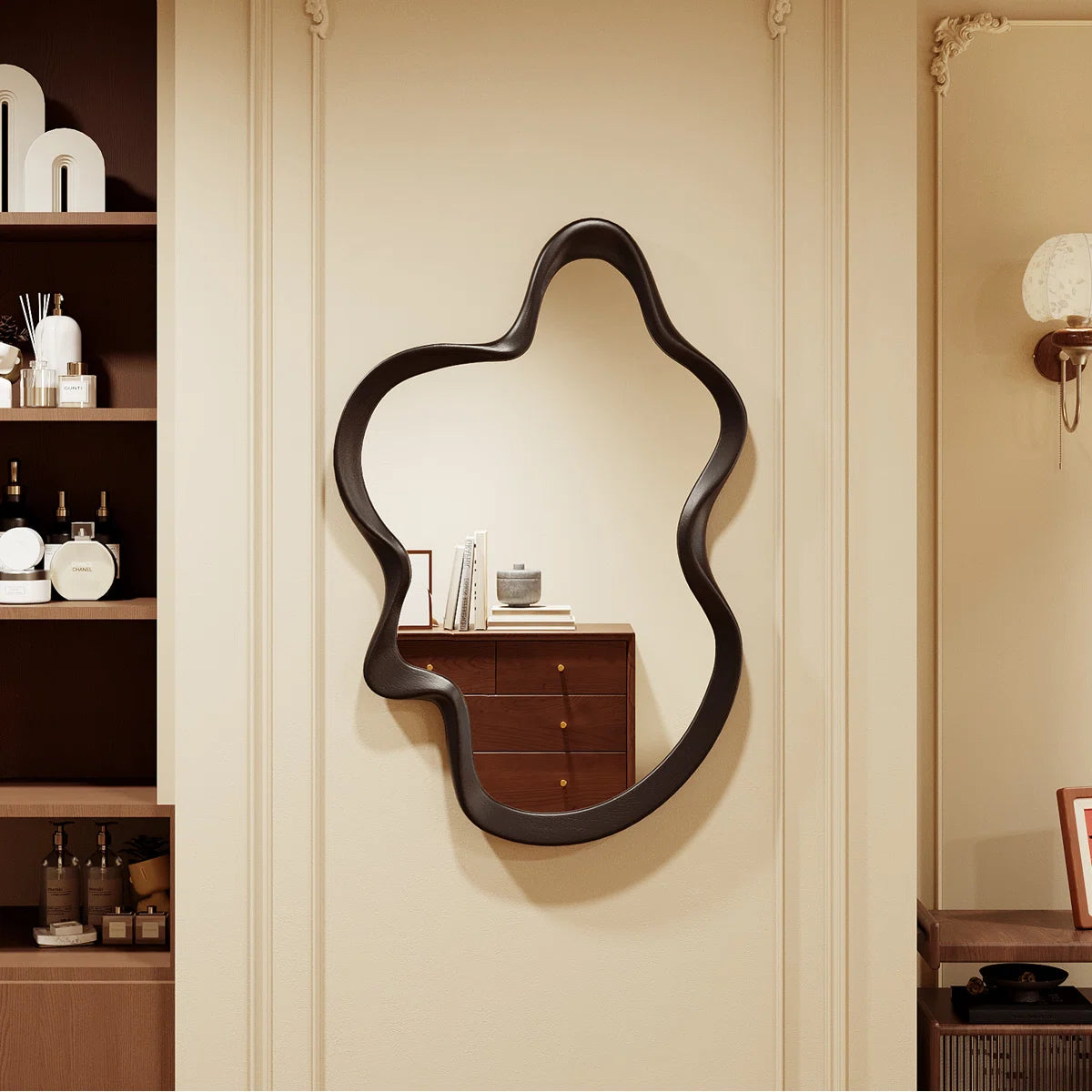 Wooden Framed Wall Asymmetrical Wavy Wall Mirror