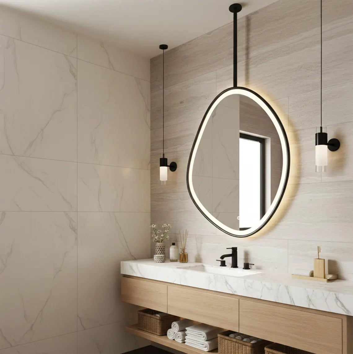 Asymmetrical Design LED Illuminated Metal Bathroom Mirror Ceiling Mounted Mirror (3 Lights Integrated)