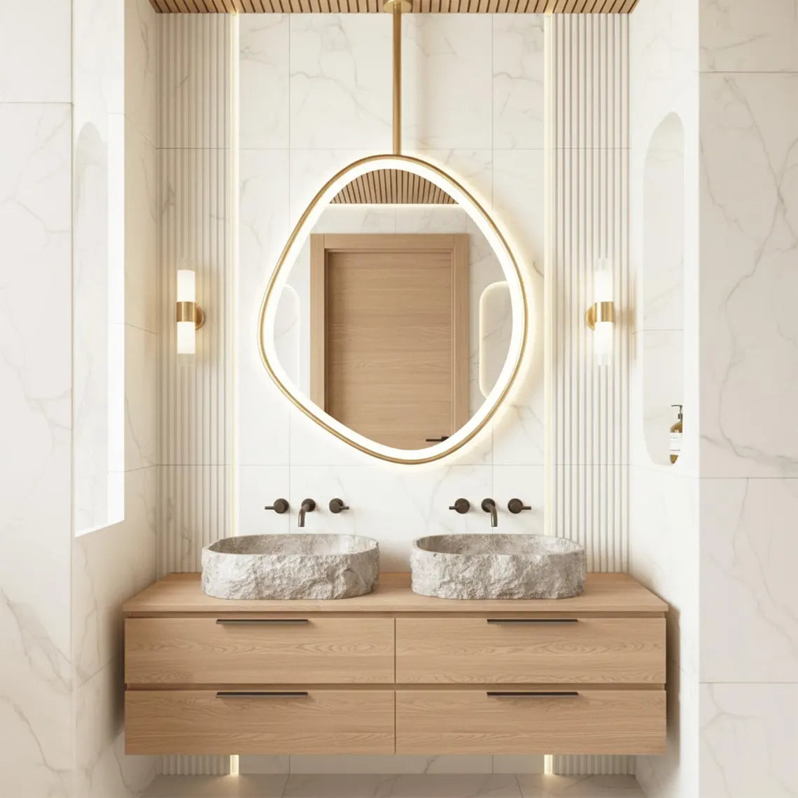Asymmetrical Design LED Illuminated Metal Bathroom Mirror Ceiling Mounted Mirror (3 Lights Integrated)