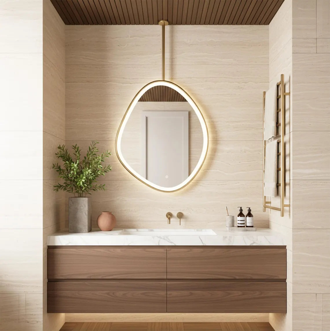 Asymmetrical Design LED Illuminated Metal Bathroom Mirror Ceiling Mounted Mirror (3 Lights Integrated)