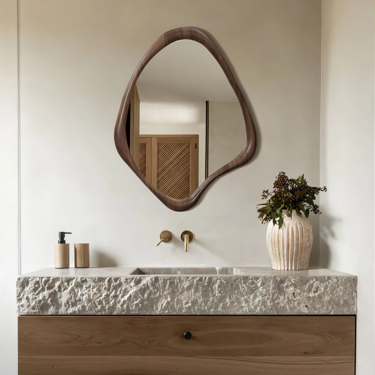 Brown Wood Frame Irregular Decorative Wall Mirror