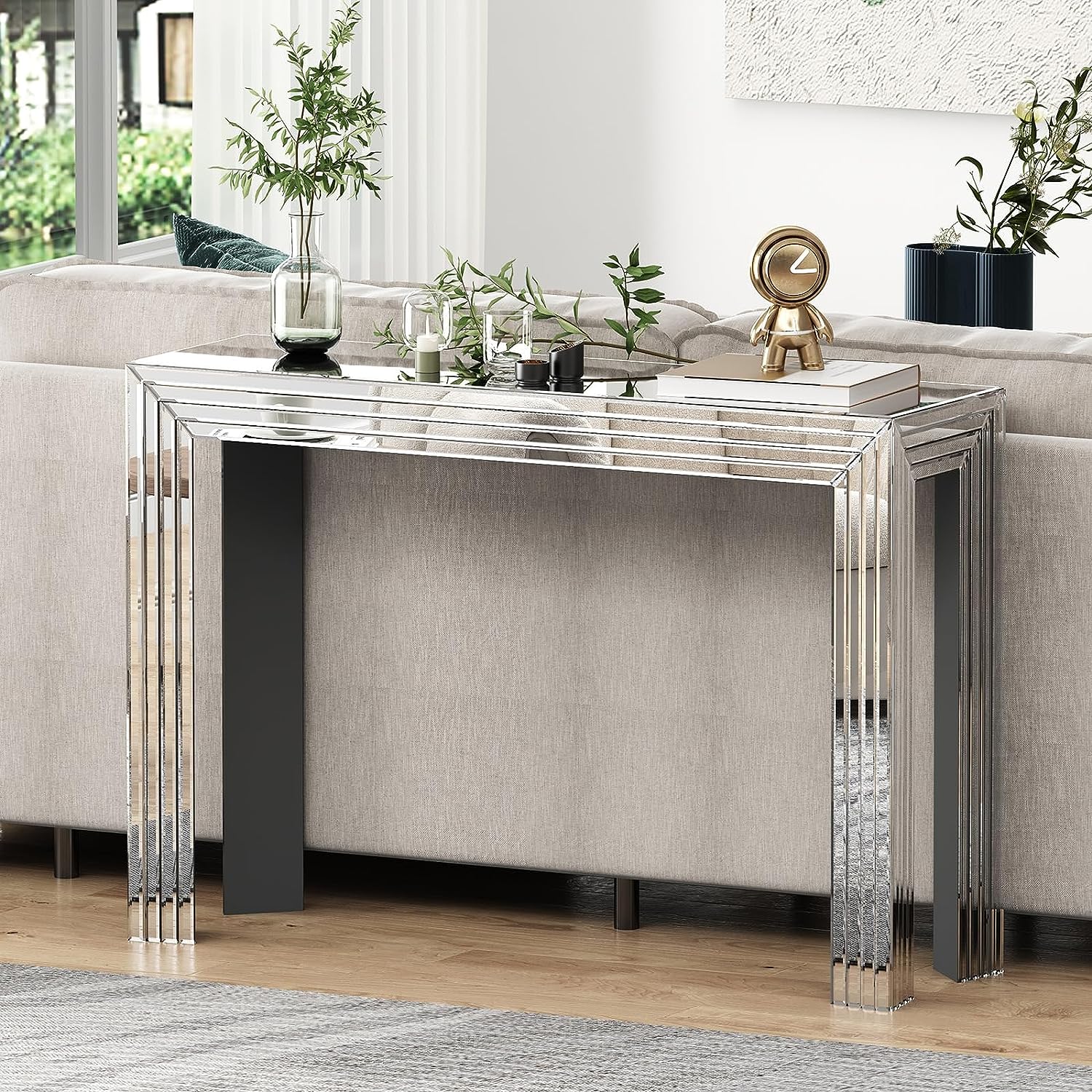Console Table Mirrored Silver Entryway Table with Line Design Mirror
