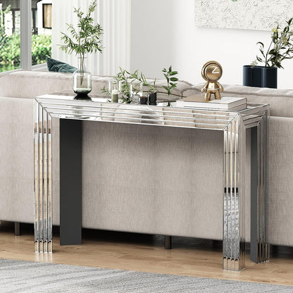 Console Table Mirrored Silver Entryway Table with Line Design Mirror