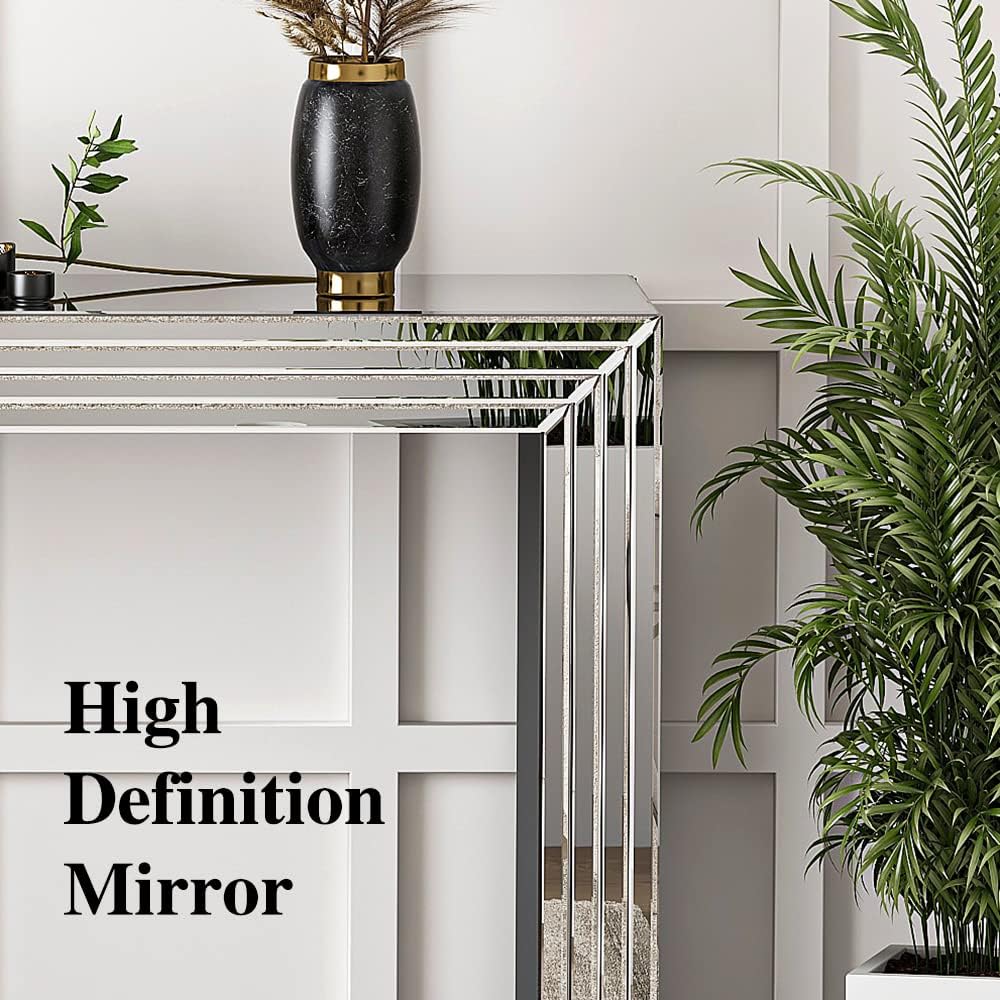 Console Table Mirrored Silver Entryway Table with Line Design Mirror