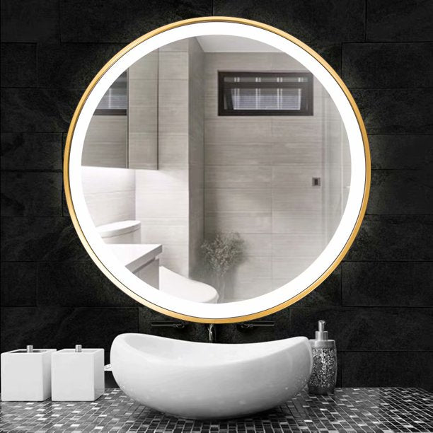 Gold Metal Outer Round Led Mirror (3 Lights Integrated)
