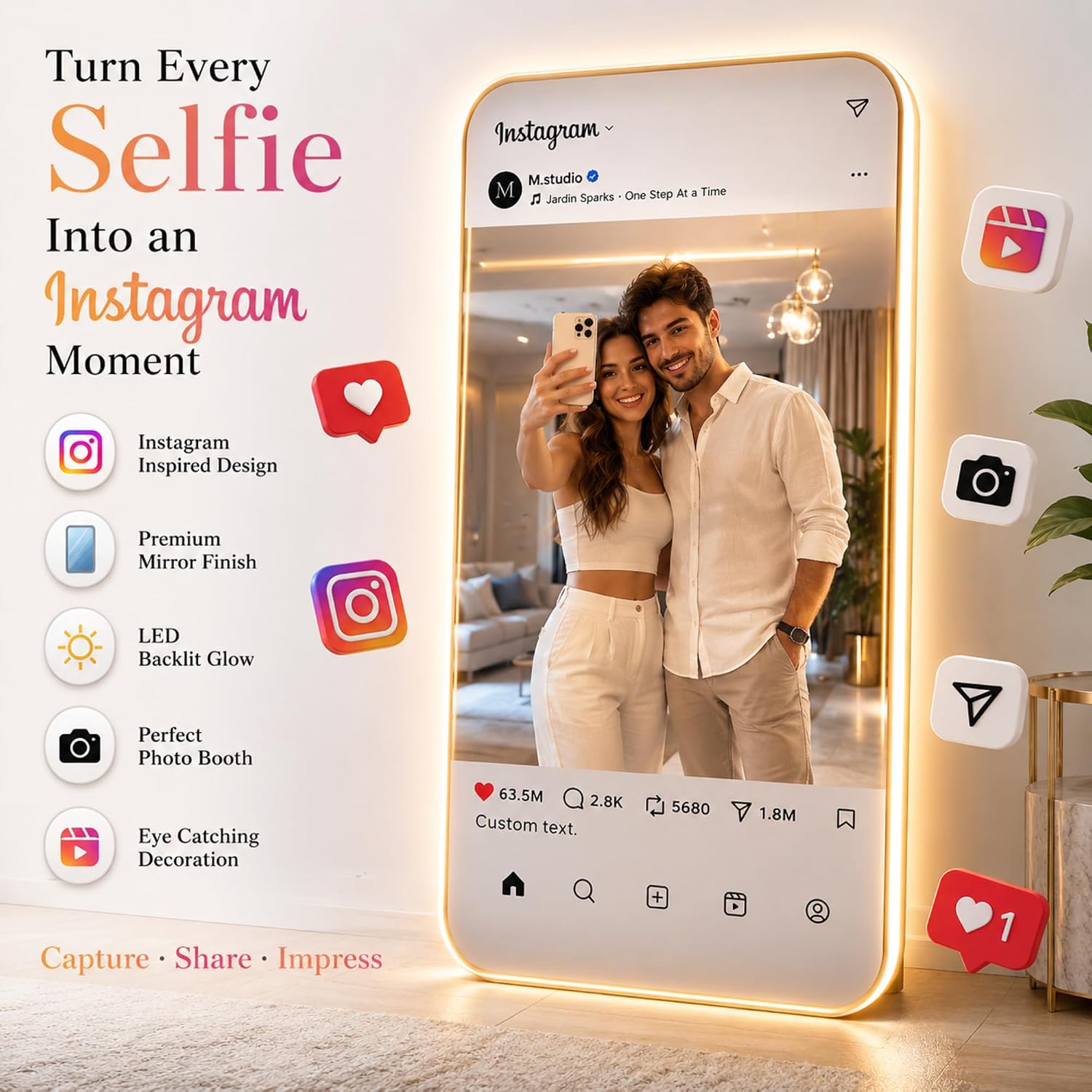 Instagram Led Mirror With Touch Sensor (3 Lights Integrated)