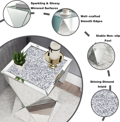 Mirrored Diamond Setting End Table Glass Decorative Side Table for Living Room