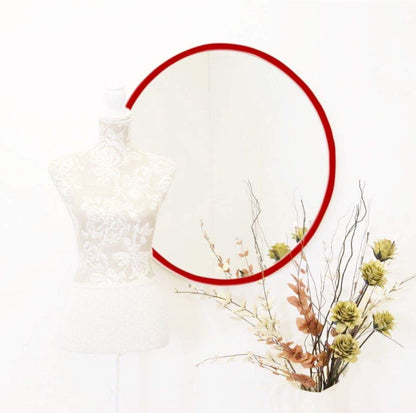 Red Wood Frame Round Wall Mirror