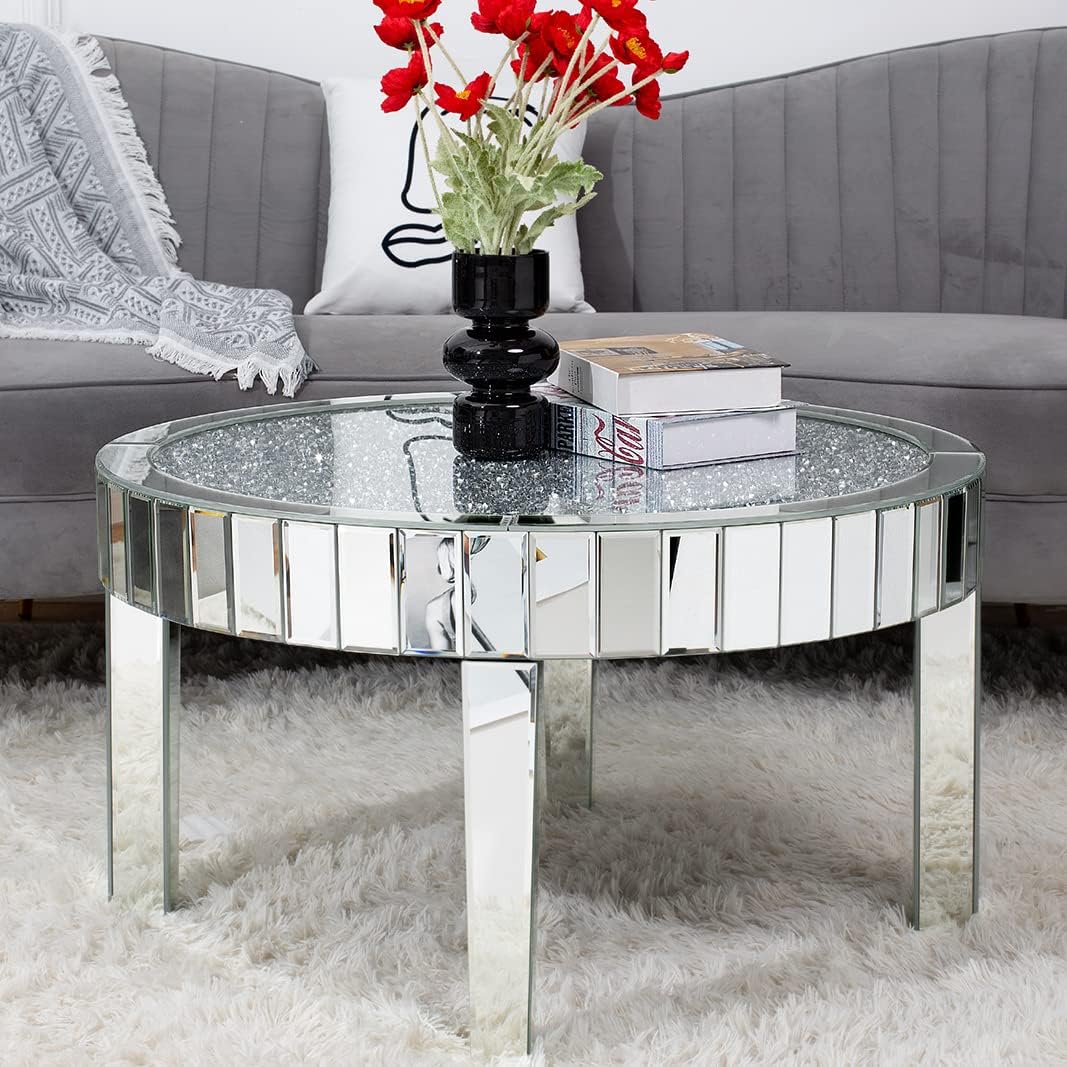 Round Mirrored Coffee Table with Crystal Crush (Exclusive on Accent Mirror)
