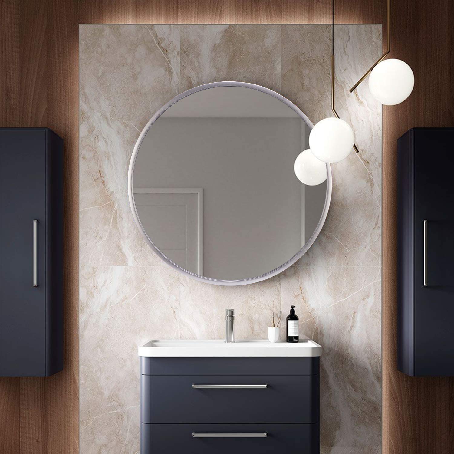 Silver Wood Frame Round Wall Mirror