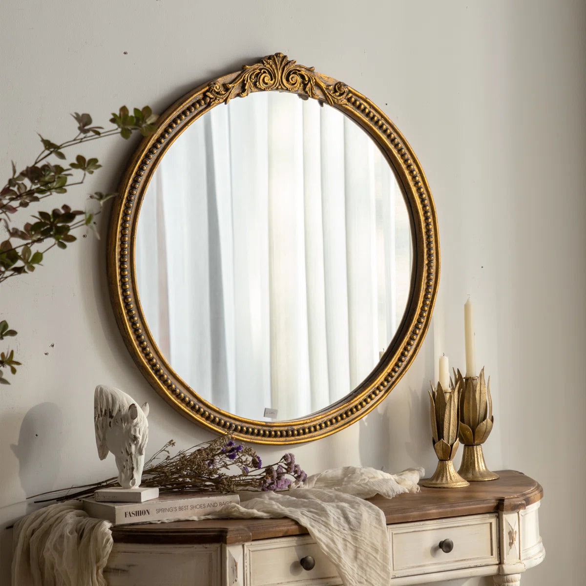 Snell Gold Round Ornate Vintage Mirror