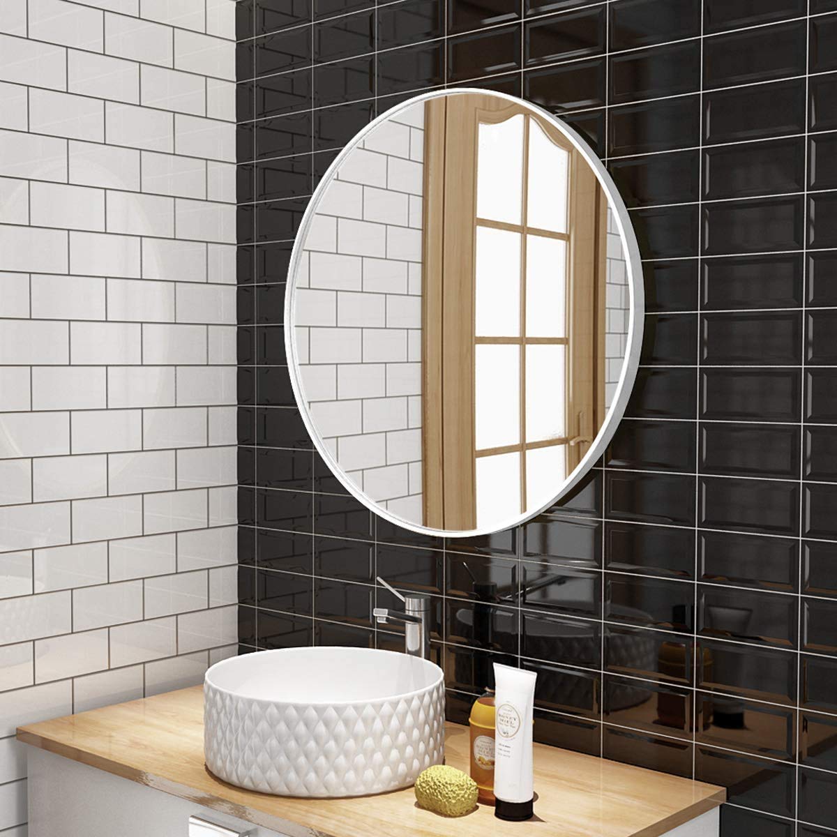 White Wood Frame Round Wall Mirror