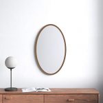 Light Brown Wood Frame Oval Shape Wall Mirror