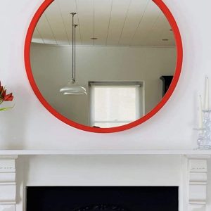 Red Wood Frame Round Wall Mirror