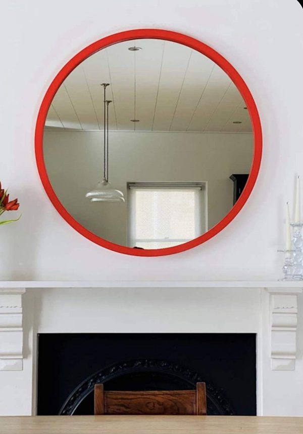 Red Wood Frame Round Wall Mirror