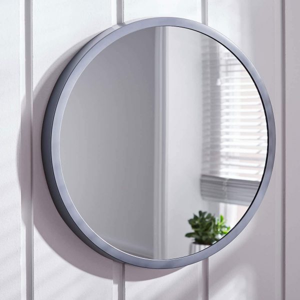 grey Wood Frame Round Wall Mirror