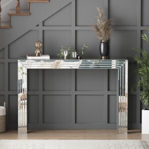 Console Table Mirrored Silver Entryway Table with Line Design Mirror